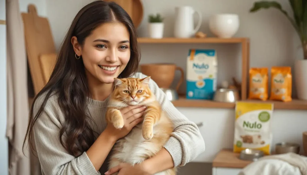 A woman smiling with her cat, with Nulo food packaging in the background.