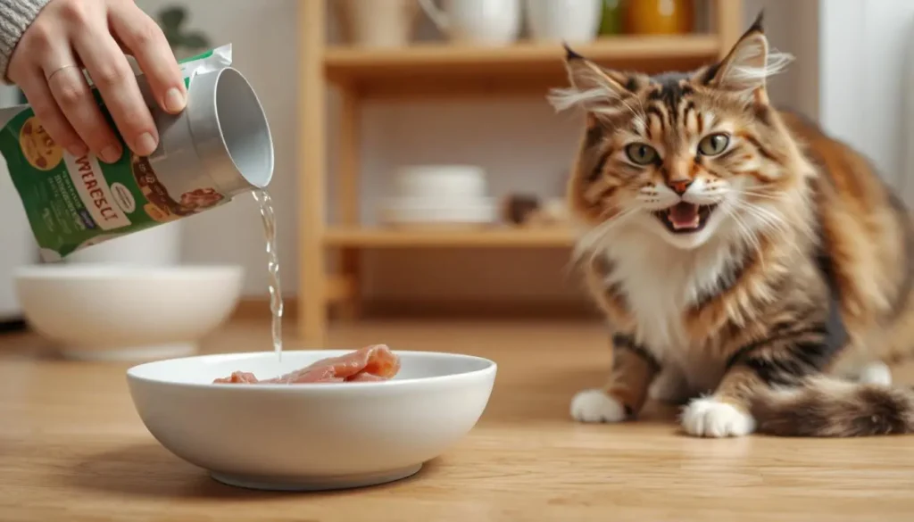 A cat owner preparing freeze-dried raw cat food by adding water, with a cat waiting nearby.