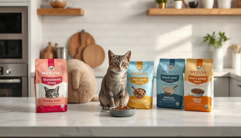 A selection of Weruva cat food with different textures like chunky stews, pate, and minced varieties.