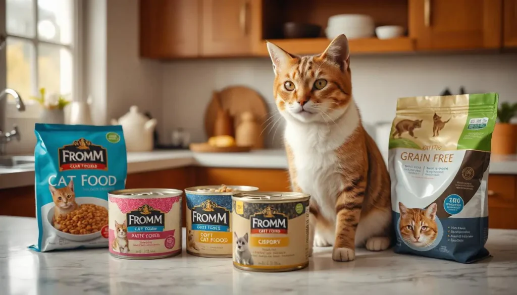 Variety of Fromm cat food including wet, dry, and grain-free options.