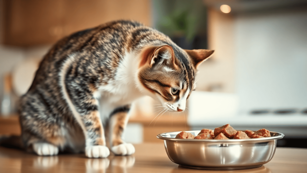 A curious domestic short-haired cat sniffing a fresh bowl of wet cat food on a kitchen counter, with a soft-focus modern kitchen in the background.