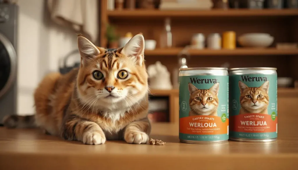 A comparison of Weruva cat food cans with other brands, showcasing the difference in ingredients.