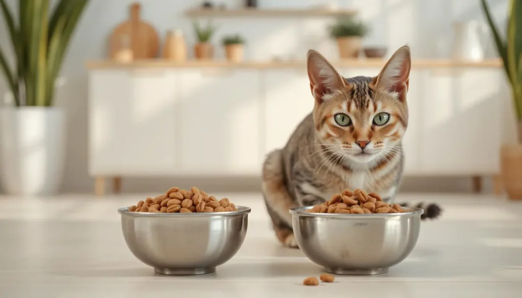 A bowl of Acana dry kibble and canned wet cat food side by side