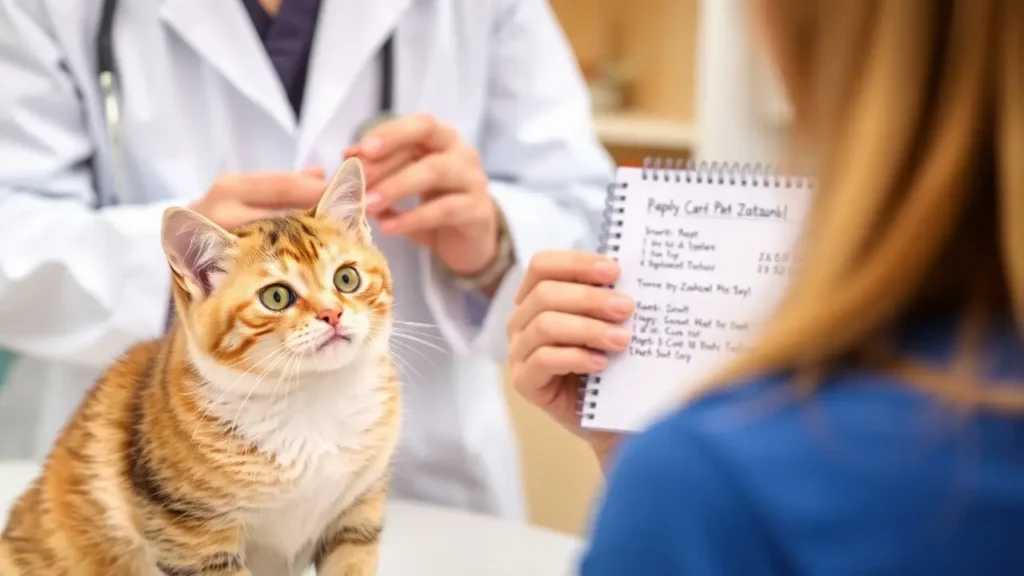 A veterinarian discussing a diet plan with a pet owner, showing a notepad with a tailored homemade cat food recipe and a playful cat nearby.