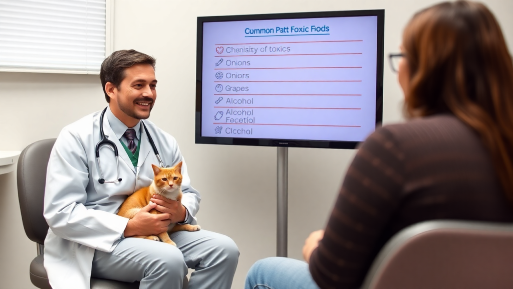 Veterinarian discussing toxic foods for cats with a pet owner in an exam room.