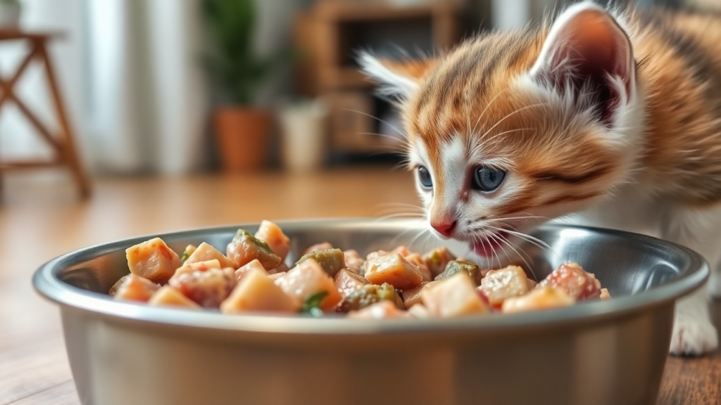 A playful kitten eating a raw meal with fresh chicken and liver.