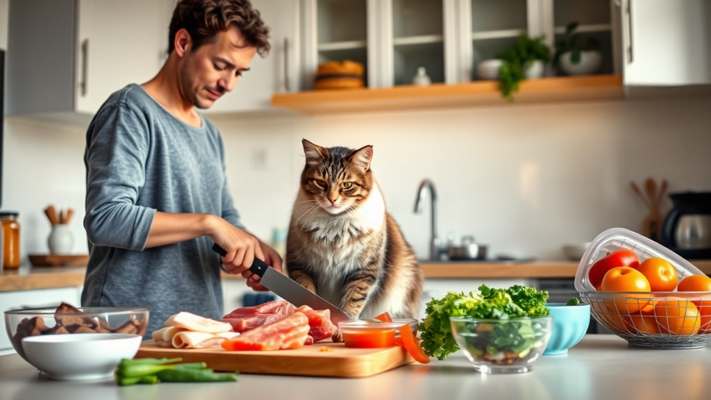 A cat owner preparing fresh, high-quality homemade cat food in a clean kitchen while their curious cat watches attentively.