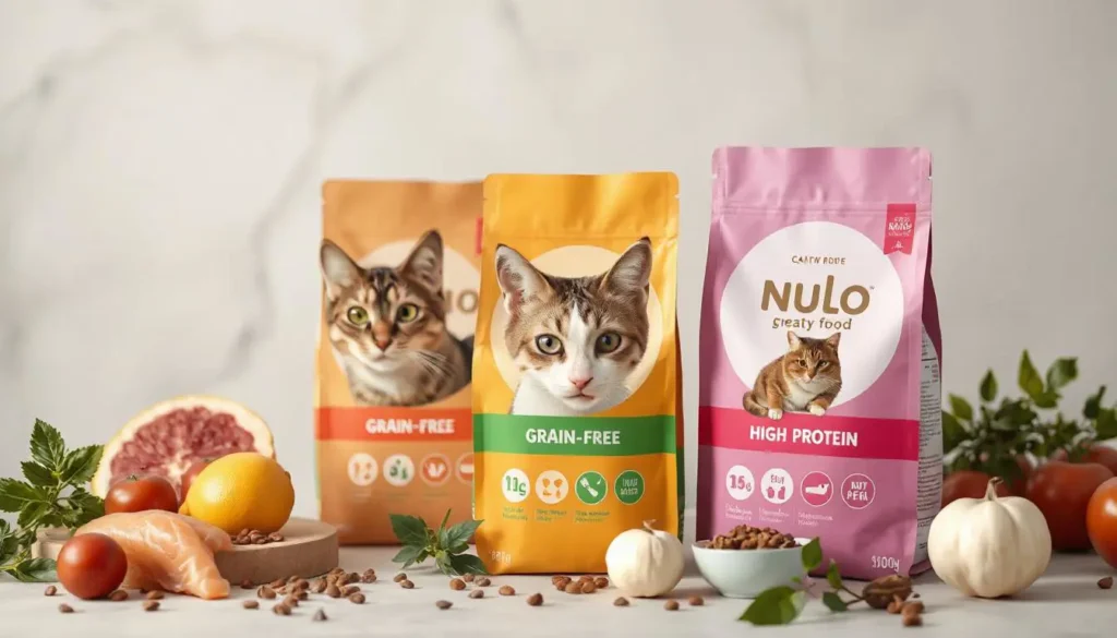 Nulo Cat Food packages with fresh ingredients like salmon and chicken.