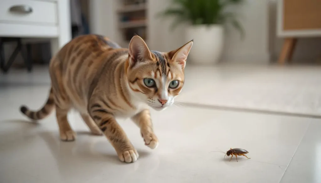 A domestic cat focused intently on a cockroach shadow indoors, ready to pounce.