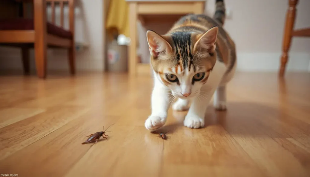 A playful cat chasing a cockroach on a wooden floor.