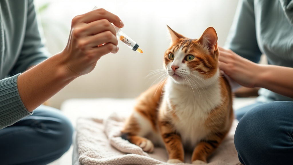 A cat owner gently administering liquid medication to their cat at home using a syringe.