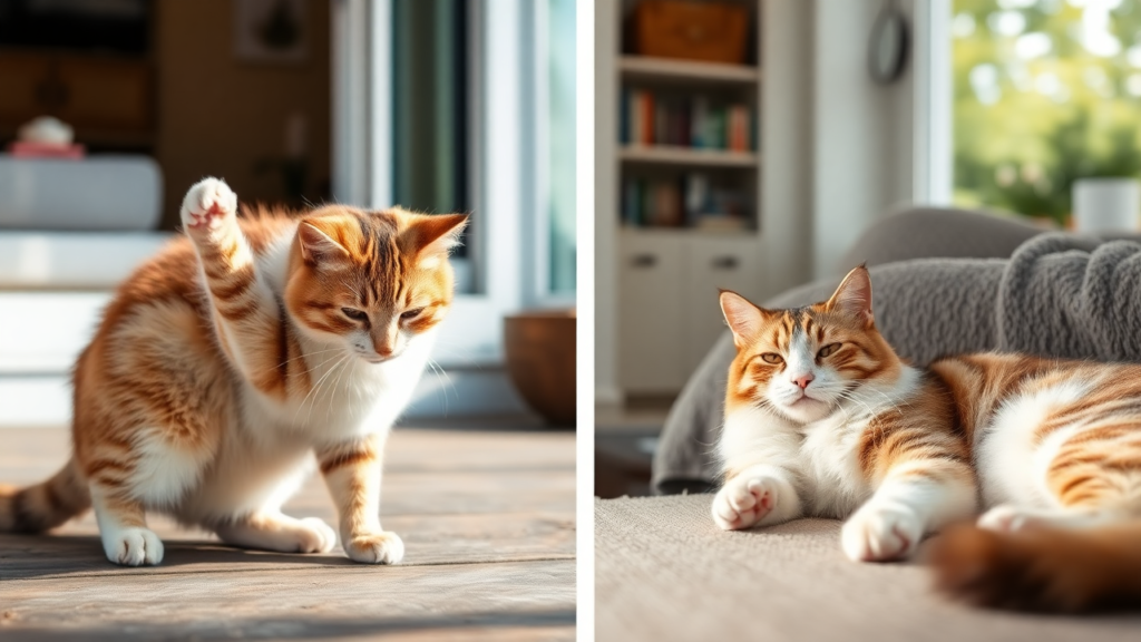 A sequence of a cat outdoors scratching, followed by a calm cat resting peacefully indoors.