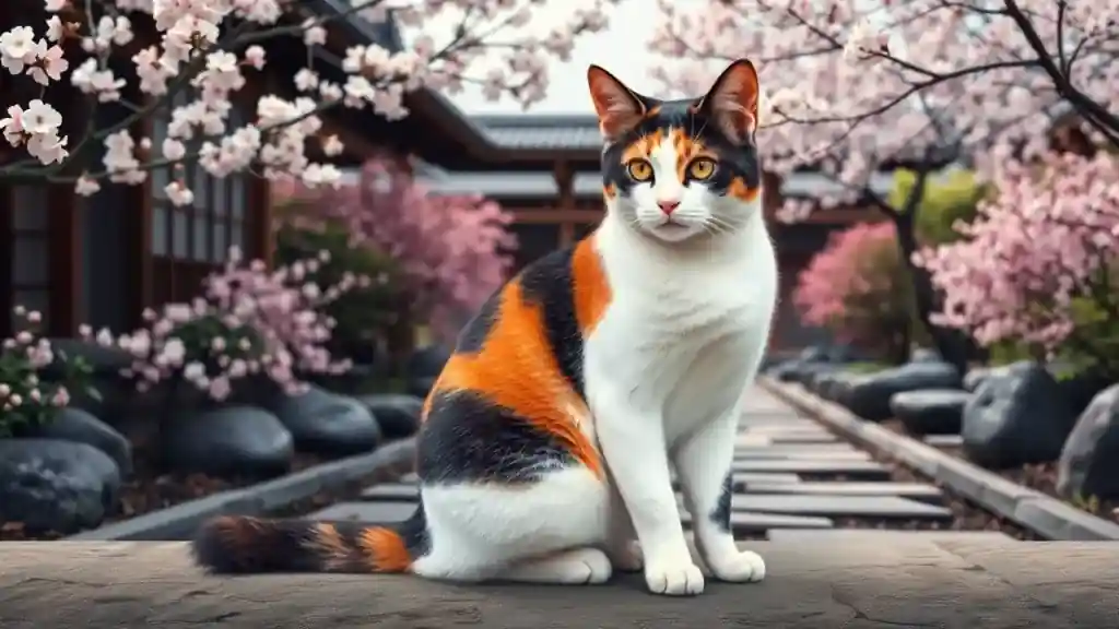 Cat Coat Patterns and Colors: Discover the Unique Beauty of Feline Fur 5 A calico cat sitting in a Japanese garden surrounded by cherry blossoms.