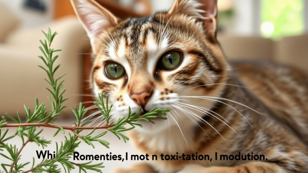 A cat cautiously nibbling on a rosemary sprig indoors.