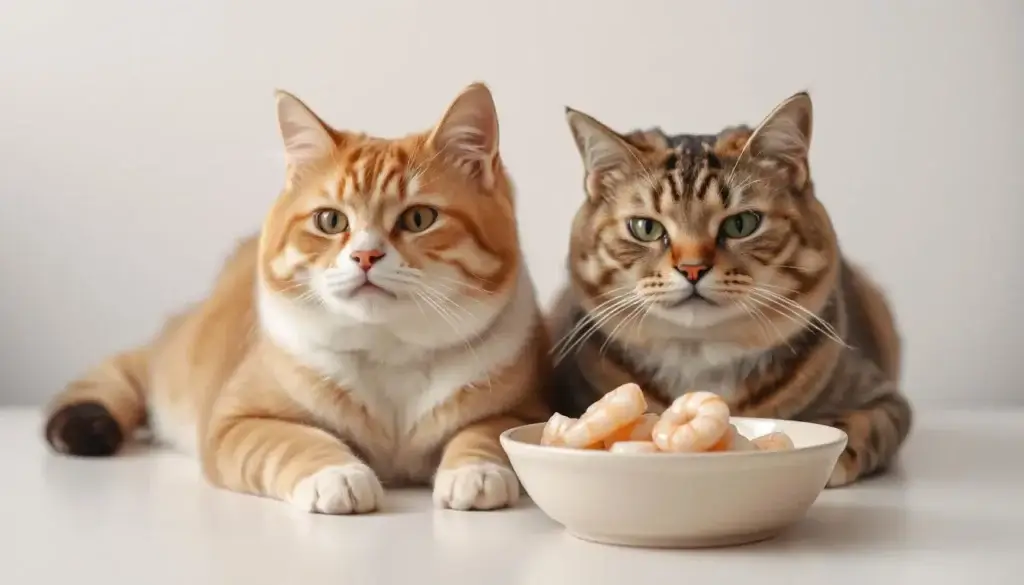 Can Cats Eat Shrimp? The Ultimate Guide to Feline Safety 3 A content cat next to a bowl of cooked shrimp, emphasizing its safety as a treat.