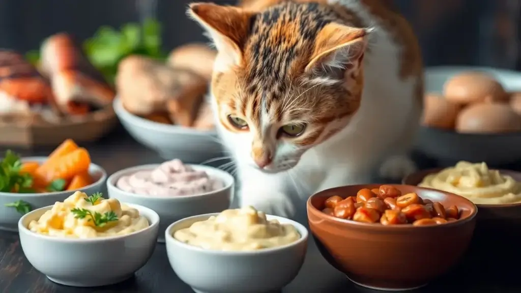 Top 5 Churu Cat Treats: Tasty and Healthy Snacks Your Cat Will Love 5 A cat sniffing at different bowls of creamy food with natural ingredient visuals in the background.