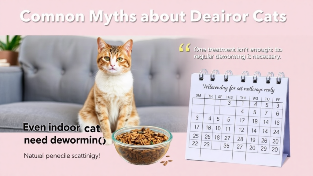 Realistic illustration showing myths about deworming cats: an indoor cat on a sofa with the caption 'Even indoor cats need deworming,' a bowl of seeds and herbs with the caption 'Natural remedies are not always enough,' and a calendar marked with dates with the caption 'One treatment isn’t enough; regular deworming is necessary.'