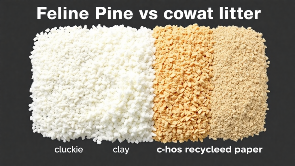 Different types of cat litter: Feline Pine cat litter vs. clumping clay, crystal, and recycled paper litter with visible texture differences.