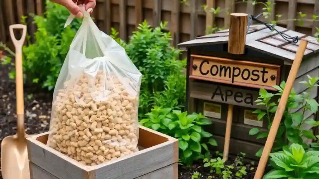 5 Reasons Why Feline Pine Cat Litter Is the Best Eco-Friendly Choice for Your Cat 3 A biodegradable bag being emptied into a compost bin surrounded by a vibrant garden.
