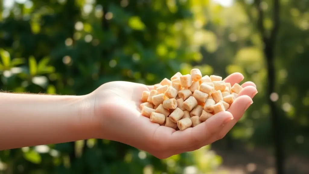 A handful of Feline Pine Cat Litter pellets displayed against a lush, green outdoor background.