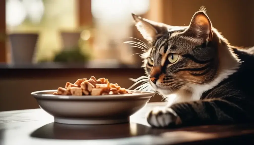 How to Make Fresh Cat Food at Home: A Complete Beginner's Guide 5 A curious cat sniffing a bowl of fresh cat food garnished with freeze-dried treats and chicken broth in a cozy setting.