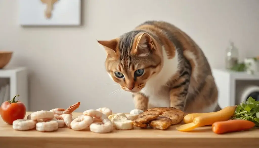 Can Cats Eat Shrimp? The Ultimate Guide to Feline Safety 5 A selection of healthy cat treats, including shrimp, chicken, and salmon, arranged on a table.