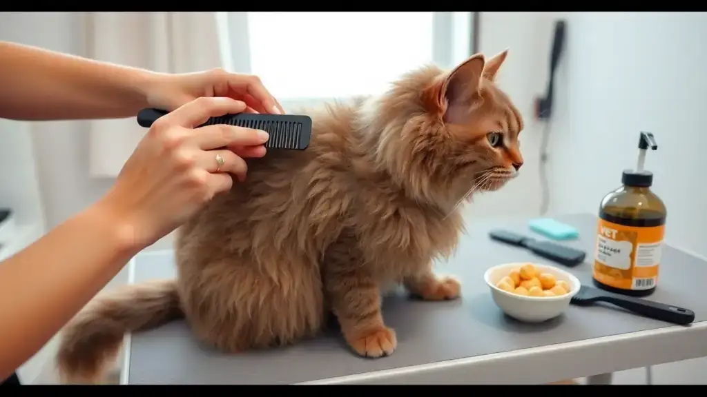 Is a Curly Fur Cat Right for You? Discover the Most Adorable Wavy-Haired Breeds 2 A Selkirk Rex cat being groomed with a wide-toothed comb on a clean grooming table, surrounded by grooming tools.