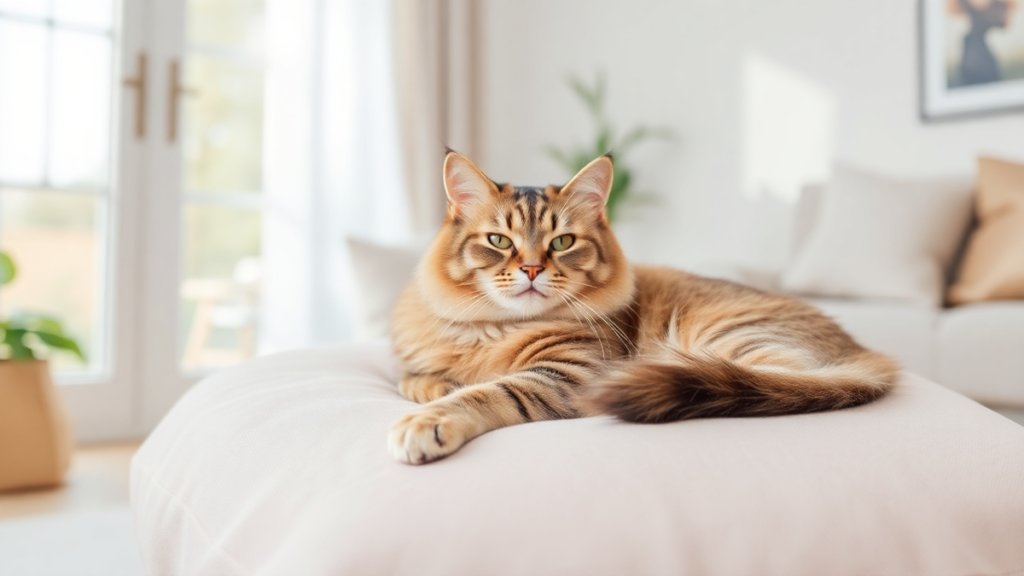 A relaxed and healthy cat lounging on a soft cushion in a bright and clean home.