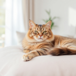 A relaxed and healthy cat lounging on a soft cushion in a bright and clean home.