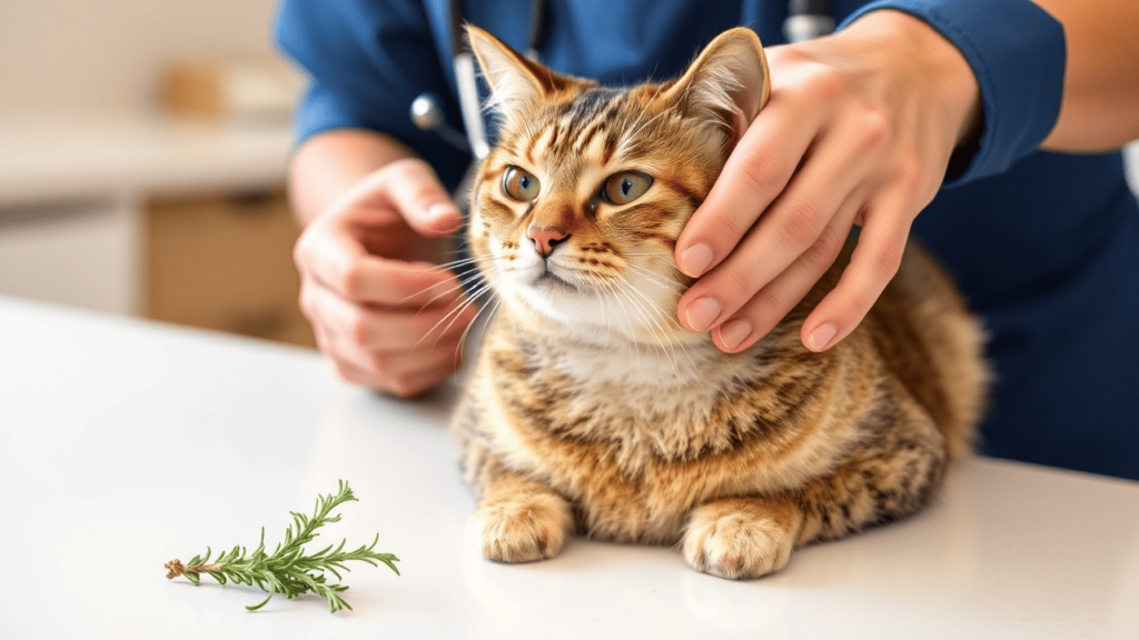 A veterinarian gently examining a healthy domestic cat with a sprig of rosemary on a nearby counter.