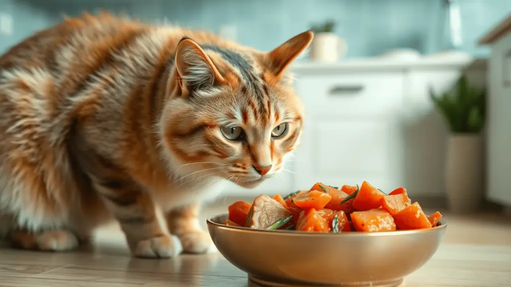 A healthy cat enjoying a fresh meal in a modern kitchen, highlighting the benefits of high-quality nutrition like Smalls cat food.
