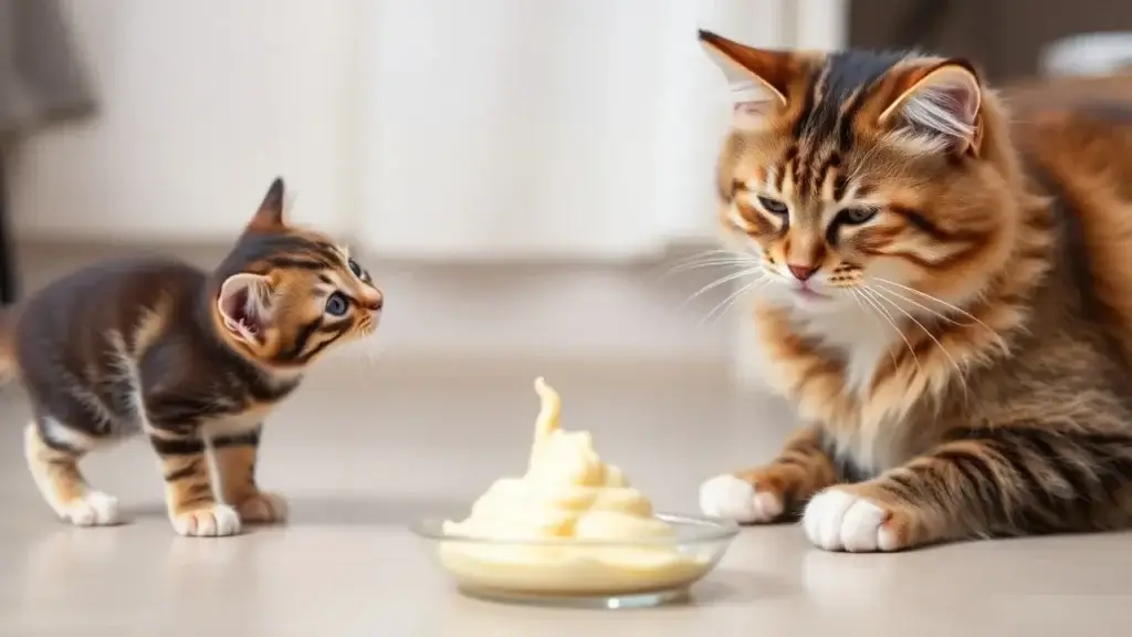 Top 5 Churu Cat Treats: Tasty and Healthy Snacks Your Cat Will Love 6 A kitten being trained with creamy food while another cat enjoys bonding time with its owner.