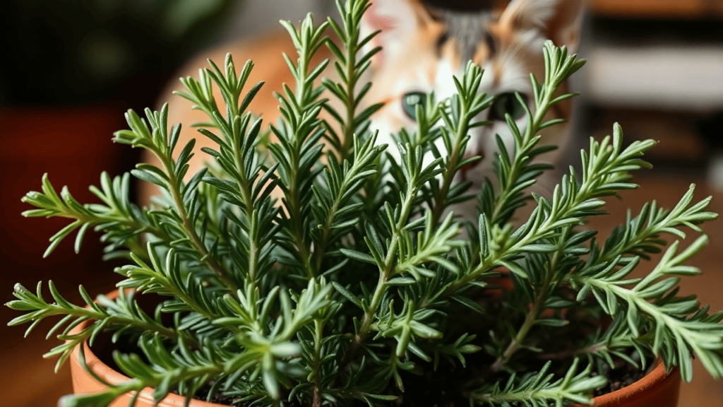 A rosemary plant in a pot with a curious cat watching from a distance.