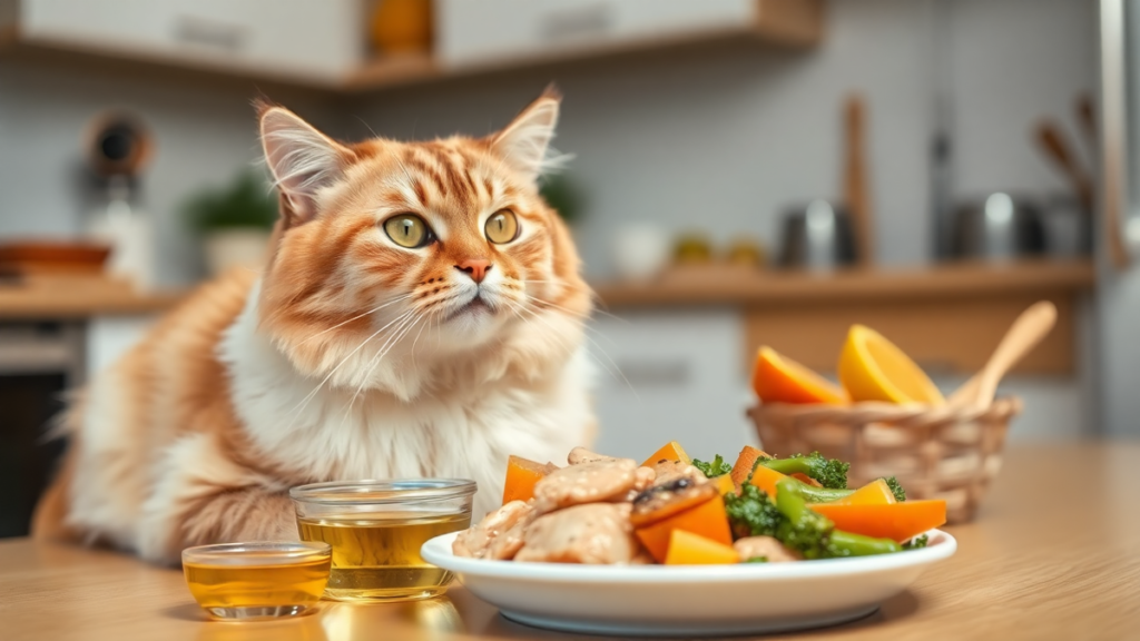 A healthy cat eating a balanced meal with fish oil nearby, emphasizing the benefits of fish oil for cats in a nutritious diet.