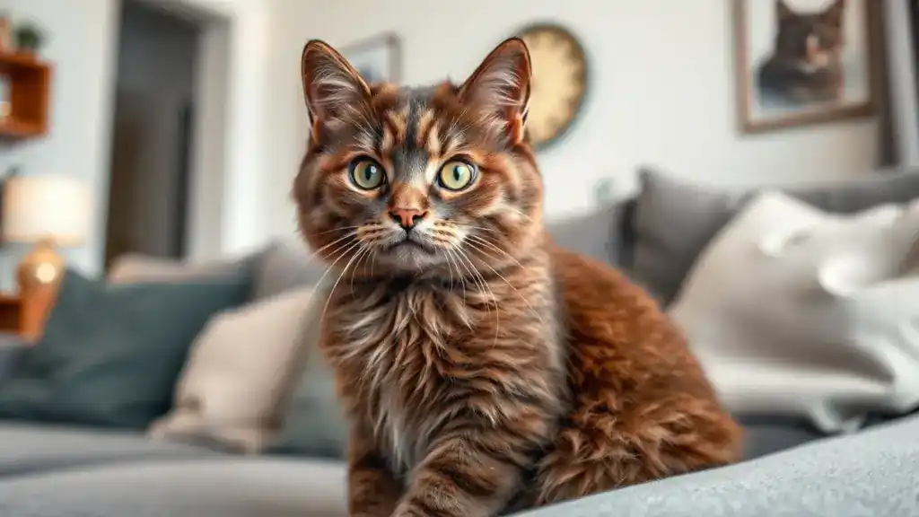Is a Curly Fur Cat Right for You? Discover the Most Adorable Wavy-Haired Breeds 1 A close-up of a Selkirk Rex cat with soft, plush, curly fur sitting on a cozy couch in a warmly lit living room.