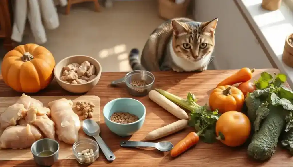 How to Make Fresh Cat Food at Home: A Complete Beginner's Guide 1 A modern kitchen setup featuring fresh ingredients for cat food preparation, including chicken, liver, pumpkin, and supplements, with a curious cat watching from the counter.