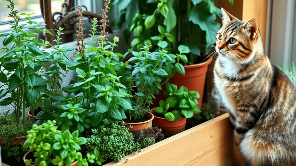 An indoor herb garden featuring rosemary, basil, and thyme with a cat watching from a safe distance.