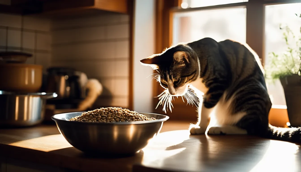 A cat owner mixing fresh cat food with kibble in a bowl, with a calm cat observing in a cozy kitchen setting. A transition chart is visible in the background.