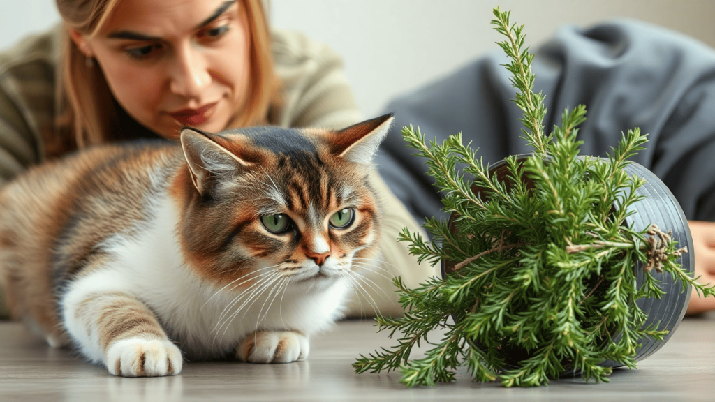 A concerned pet owner watching their cat near a tipped-over rosemary plant.