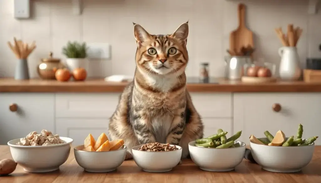 A curious cat sitting on a kitchen counter near bowls of fresh ingredients like sweet potatoes, green beans, and turkey, all of which are great for preparing high fiber cat food.