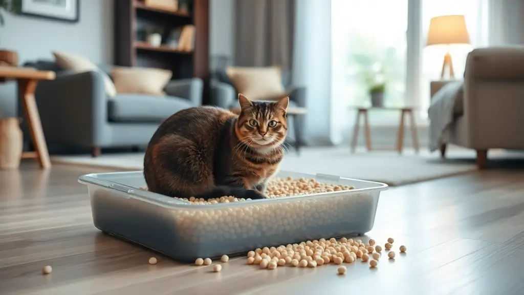 5 Reasons Why Feline Pine Cat Litter Is the Best Eco-Friendly Choice for Your Cat 2 A cat comfortably using a litter box filled with pine pellets in a cozy, well-lit room.