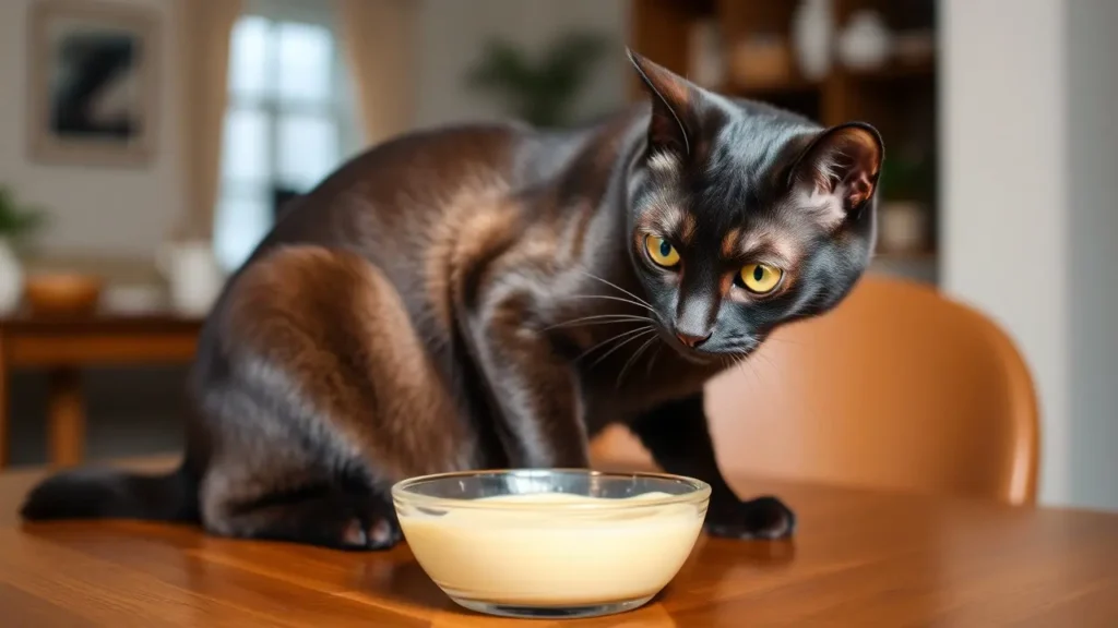 A sleek cat sitting on a wooden table gazing at a small bowl of creamy food.