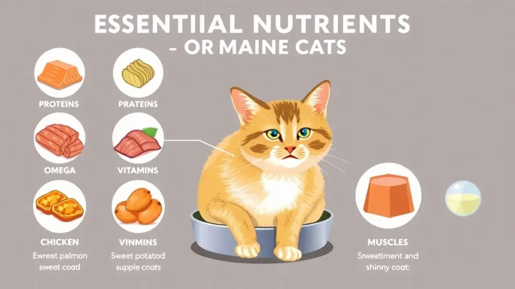 Infographic-style image showing protein, omega fatty acids, and vitamins essential for Maine Coon cats.
