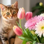 A curious tabby cat sitting near a bouquet of pink tulips and white daisies on a sunny windowsill.