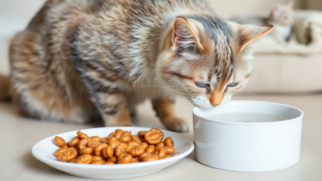 A senior cat drinking water next to a plate of soft cat food, surrounded by a cozy home environment.