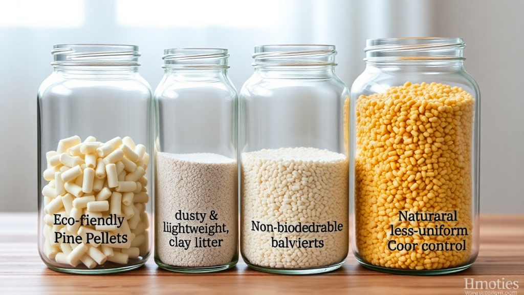 Three jars filled with pine pellets, clay litter, and corn-based litter, labeled for comparison on absorbency and eco-friendliness.