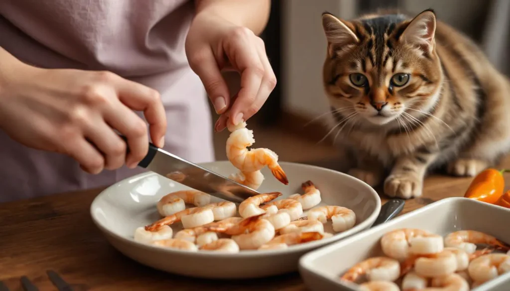 A step-by-step guide showing shrimp being cleaned, cooked, and cut, with a cat watching.