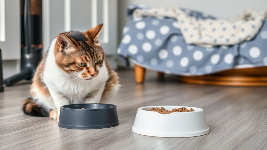 A cat eating in a clean feeding area with tidy surroundings.