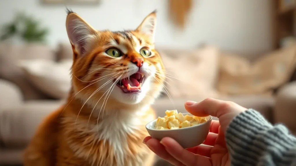 A happy cat licking creamy food from its owner’s hand in a cozy home environment.