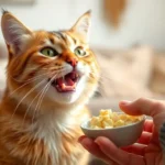 A happy cat licking creamy food from its owner’s hand in a cozy home environment.